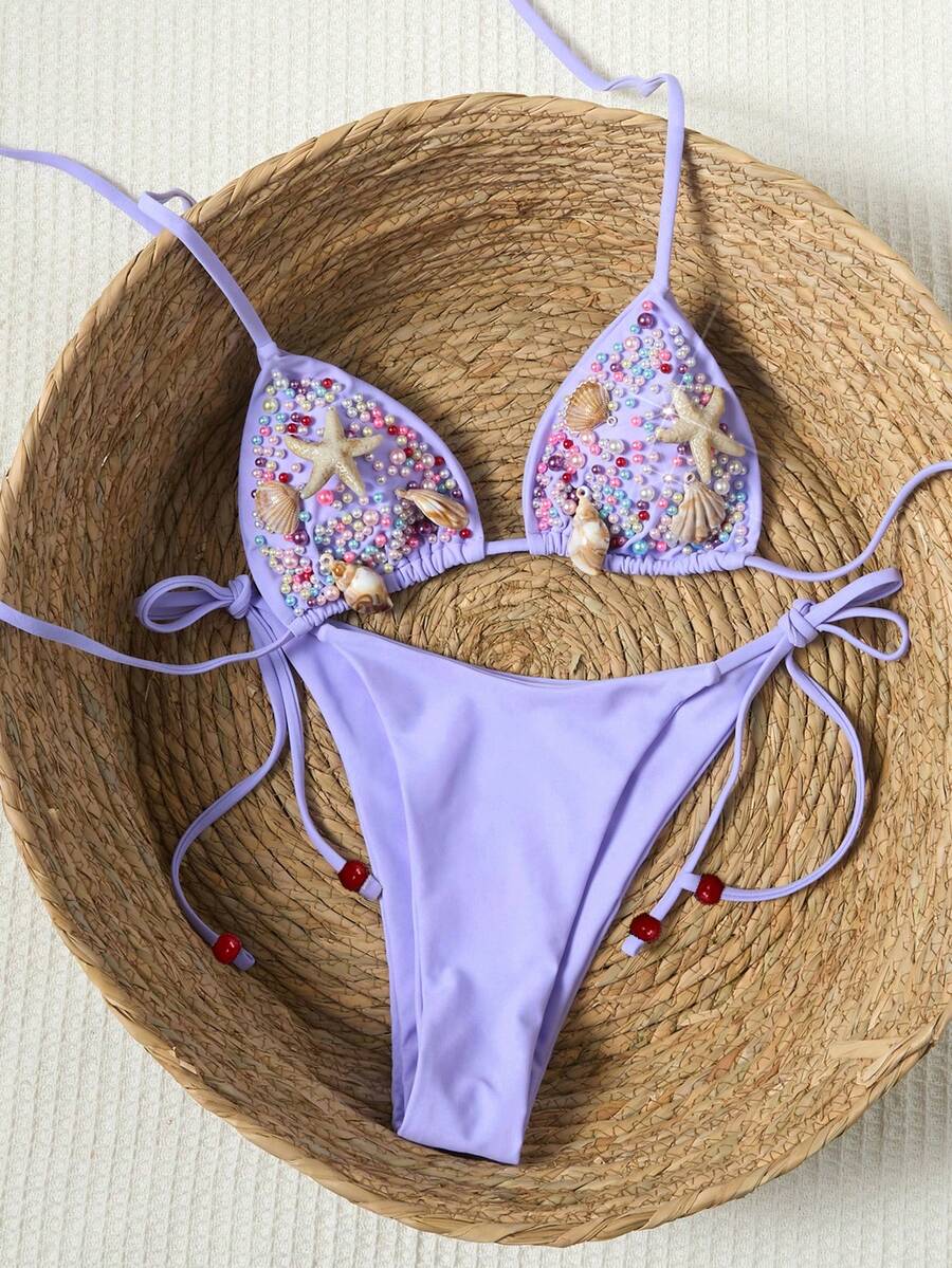 Swim Vcay Bộ bikini nữ mới với họa tiết ngọc trai nhiều màu sắc, kiểu cổ yếm. - Màu tím - Xem 1