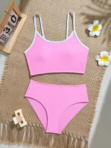 SHEIN 休闲露背花卉镂空设计少女吊带比基尼上衣 - 淺粉色 - 查看 6