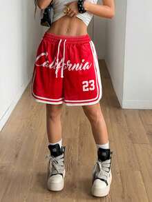 Coolane Women's Summer Going Out Streetwear Game Day Sport Rave Festival Graphics Breathable Mesh Red Track Shorts - Red - View 4