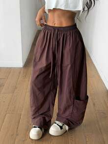 Coolane 女士春夏街头风休闲运动复古舒适宽松棕色长裤 - 棕色 - 查看 5