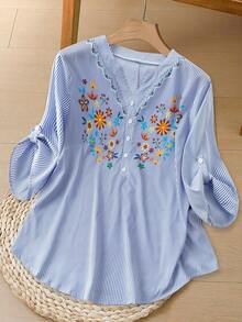 Rusticease Camisa de mujer de talla grande con estampado floral y de rayas de manga 3/4 para principios de primavera - Multicolor - Ver 4