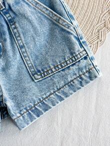 Girls' Casual Denim Shorts, Light Blue Elastic Waistband Jeans For Young Girls, Summer Versatile Cute Little Jean Shorts For Comfort - Light Wash - View 10