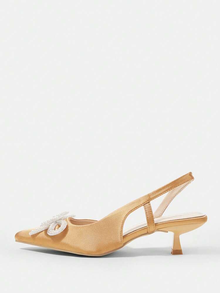 CUCCOO HITCHD Women's Pointed Toe Kitten Heel Shoes, Champagne Gold Color, Rhinestone & Pearl Bow Decor, Comfortable Elegant Pumps For Brides, Weddings, Parties