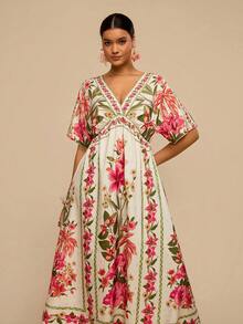 Travachic 大码女式碎花V领短袖优雅连衣裙 - 彩色 - 查看 4