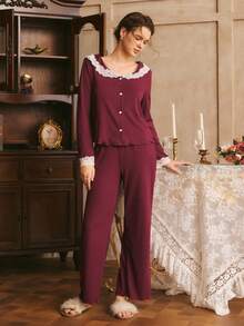 French Elegant Lace Patchwork Lapel Cardigan Women Pajama Set - Rusty Rose - View 3