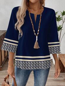 EMERY ROSE Plus Size Casual Striped & Geometric Print Shirt - Navy Blue - View 4