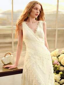 MOTF PREMIUM VESTIDO DE MUJER CON CINTURA DE ENCAJE Y VOLANTES EN EL BAJO, PRIMAVERA/VERANO - Albaricoque - Ver 9