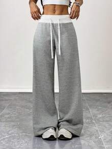SHEIN PETITE 舒适休闲纯色针织低腰阔腿女式运动裤 - 灰色 - 查看 5