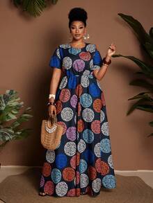 Maweii 大码女装新款优雅日常撞色印花圆领连衣裙，高端设计，腰部系带可调节，后背蘑菇扣，A字裙摆，适合度假、通勤、休闲穿着。 - 彩色 - 查看 4