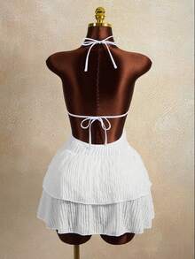 Zestiva Conjunto de traje de baño con diseño de volantes, cuello en V profundo y cordones, de tela con textura ondulada, adecuado para la playa, la isla, fiestas y vacaciones - Blanco - Ver 2