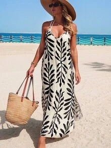 Swim Lushoire 女士春夏沙滩度假比基尼罩衫，树叶印花细肩带露背串珠连衣裙罩衫 - 杏色 - 查看 3