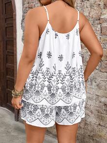 Breezaya Plus Size Women's Off-Shoulder Bohemian Retro Print Casual Loose Top Paired With Short Retro Printed Casual Shorts. Western Vacation Summer Women's Outfit Boho Two Pieces Set. Summer Beach Dress Vacation Outfits Women Holiday - Multicolor - View 2