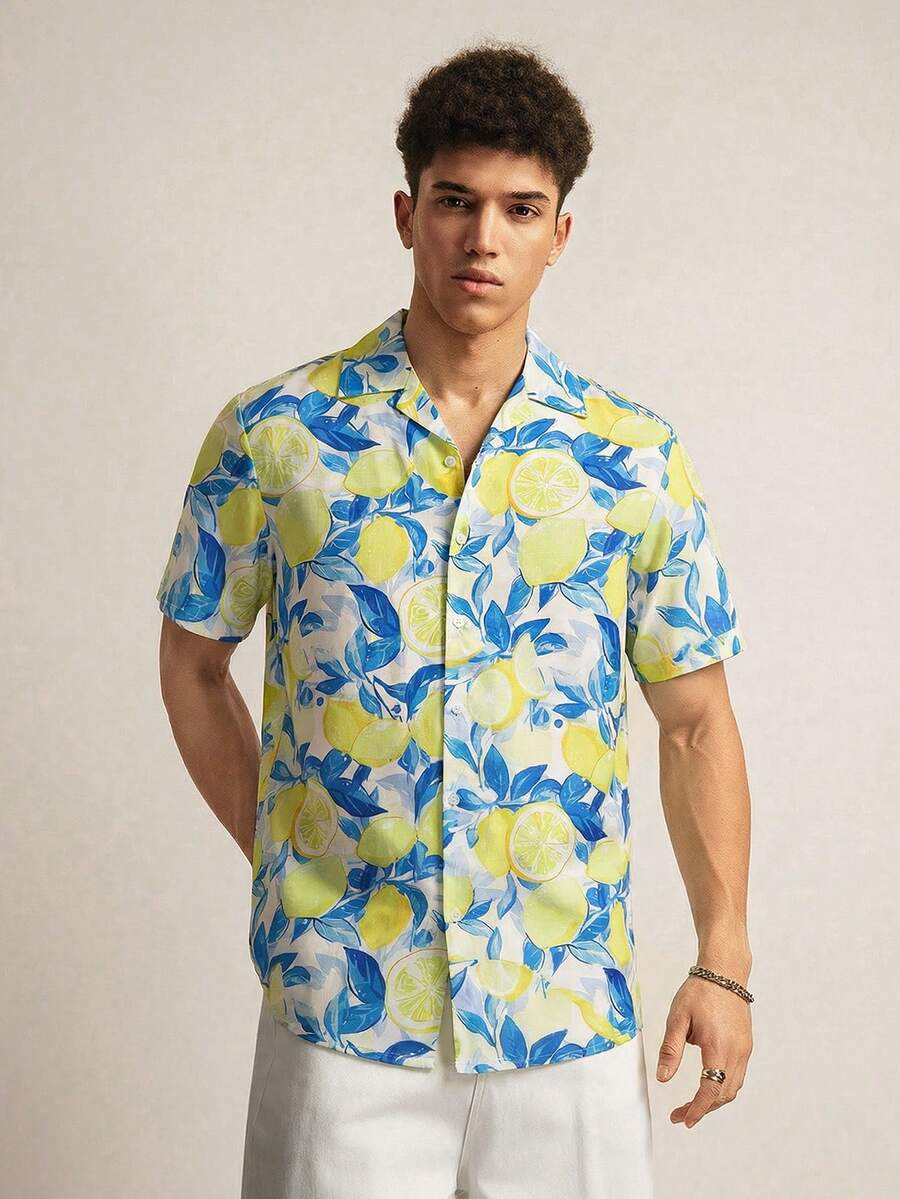 SWAVVY Men's Fashionable Printed Short Sleeve Shirt, Spring/Summer - Yellow - View 1
