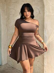 Rustia New Summer Sexy Solid Color Bodycon Asymmetric Hem Short Dress - Coffee Brown - View 5