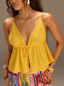 Athîral Blusa de punto de unicolor con cuello en V, plisada y con detalle de nudo, versátil para uso diario - Amarillo - Ver 4