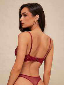 Silquee Floral Lace Underwire Lingerie Set - Burgundy - View 2