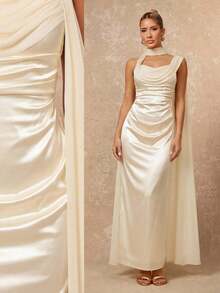 Lumalex Spring Summer Glossy Satin & Draped Mesh Splice Strapless Ruched Waist Mermaid Dress For Women Perfect For Summer  Spring-Break Trips  Cruises  Beach Weekends  Vacations  Parties  Date Nights  Weddings  Proms  Banquets  Birthdays  Carnivals  Festivals And Other Holiday Events. Neo-Girly Charm  Boho-Casual Flair  Quiet Luxury  Business Chic  And Relaxed Vacay A Richly Layered  Glitter-Accented Style For Luxury Proms  Receptions  Banquets  Weddings  Raves  Festivals  Holiday Gatherings  And Outdoor Evening Occasions-Ideal Whenever You Need A Sophisticated Yet Striking Party Look Ivory Dresses Wedding Dresses Ruched Dresses Bridesmaid Dresses Milkmaid Dresses - Light Yellow - View 5