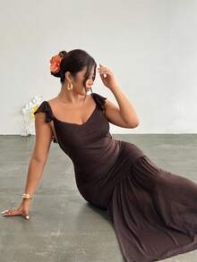 Firerie Robe évasée élégante à taille froncée et nouée pour femmes grandes tailles, en maille. Convient pour les fêtes, les vacances, les festivals de musique, la saison des mariages, les brunchs - Marron - Voir 7