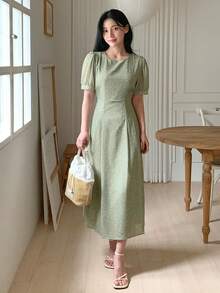 DAZY Women's Floral Print Waist Cinched A-Line Mid-Length Dress, Green Sundress - Green - View 6