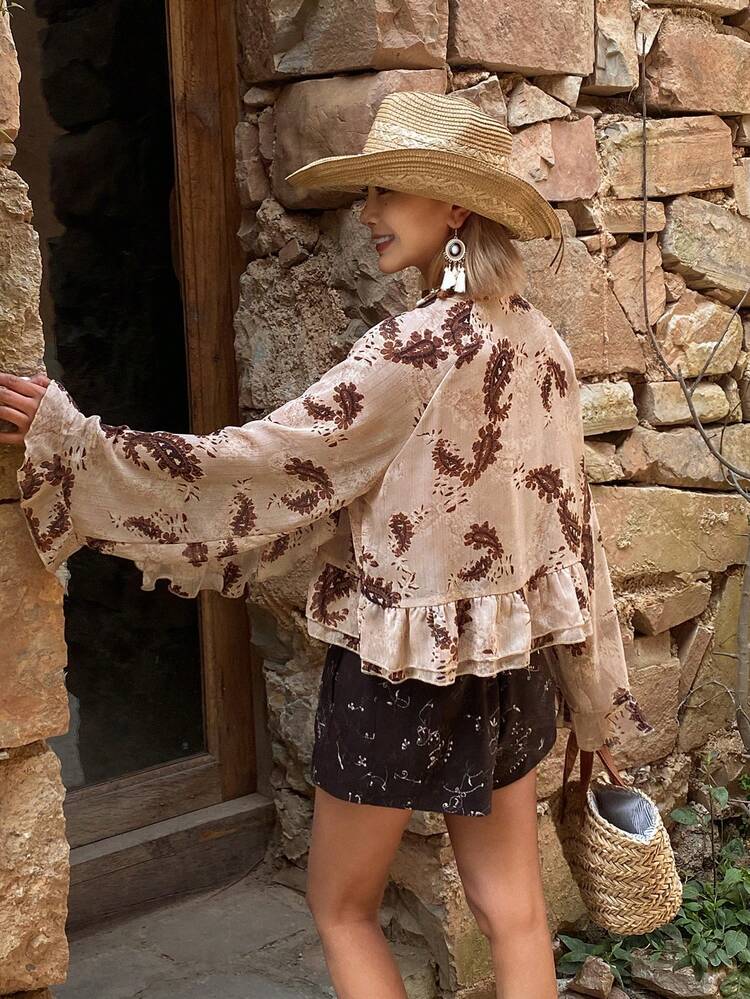 Women's Casual Floral Print Flare Sleeve Ruffle Hem Bohemian Summer Blouse Boho