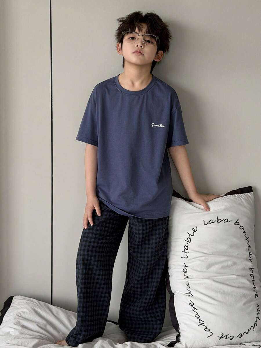 DAZY Bộ đồ ngủ ngắn tay kẻ caro cho bé trai tuổi teen gồm áo và quần. - Màu xanh lam - Xem 1