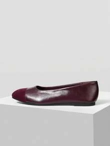 MOTF WOMEN CONTRAST PU LEATHER SQUARE TOE FLATS FOR CHRISTMAS SPRING SHOES - Burgundy - View 4