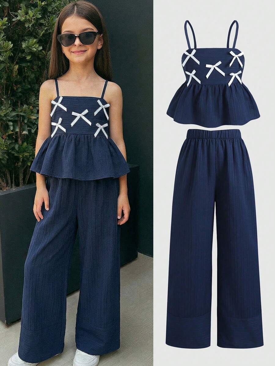 SHEIN 2 pièces Ensemble Top camisole à nœud décoratif et pantalon ample en couleur unie texturée tissée pour filles pré-adolescentes, style décontracté d'été et de vacances, couleur marine - Bleu marine - Voir 1