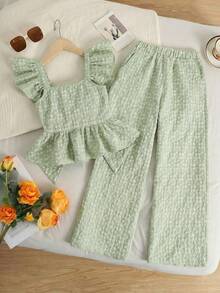 SHEIN 2pcs Tween Girls' Casual Patchwork Ruffle Hem Shirt And Pants Set Woven Texture Stylish Green Floral Girls Outfit Teen Jumpsuit Summer Sets - Mint Green - View 10