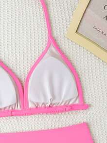 SHEIN Bộ bikini hai mảnh gợi cảm bằng vải dệt kim dành cho thiếu nữ, kiểu cổ yếm, thích hợp cho bơi lội, đi biển, hồ bơi, kỳ nghỉ hè. - Hồng - Xem 5