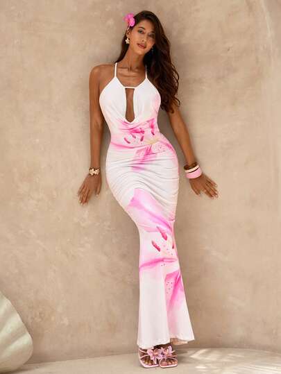 SHEIN Glamour 度假风花卉垂褶露背紧身连衣裙，性感开衩下摆，适合海滩、旅行、派对穿着