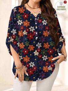 EMERY ROSE Plus Size Women Floral Print Single-Breasted Casual Versatile Daily Wear Shirt - Multicolor - View 1