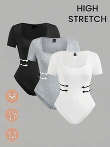 SHEIN EZwear Set de 3 bodys de manga corta con cuello cuadrado de unicolor casual, estilo básico adecuado para primavera y verano - Multicolor - Ver 1