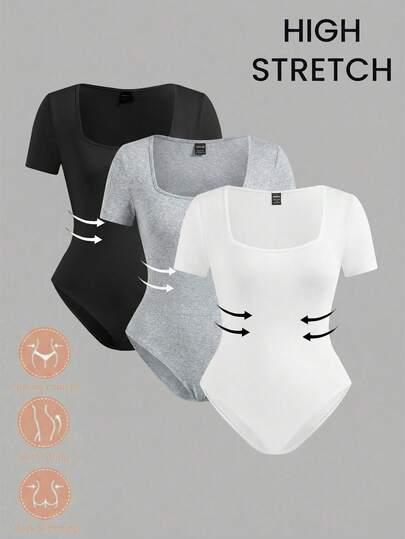 SHEIN EZwear 3 قطع/مجموعة بدلة بأكمام قصيرة ذات رقبة مربعة بلون أساسي، طراز أساسي مناسب للربيع والصيف