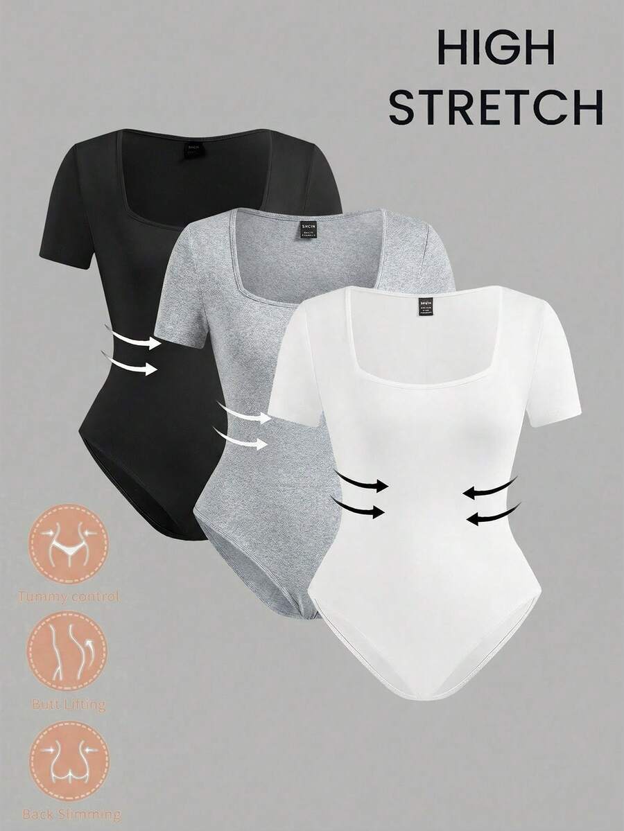 SHEIN EZwear Set de 3 bodys de manga corta con cuello cuadrado de unicolor casual, estilo básico adecuado para primavera y verano - Multicolor - Ver 1