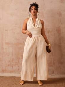 Veslaya Conjunto de 2 piezas de top de punto con cuello drapeado y cintura ajustada, y pantalones plisados de pierna ancha en color blanco, para mujer talla grande, ideal para festivales de música, Pascua, estilo bohemio, fiestas de cumpleaños, graduación, universidad, uso diario casual, vacaciones, cruceros, playa, tomar el sol, estilo viral, de invitada a boda, ir al trabajo, brunch, aeropuerto, eventos, elegantes banquetes, bailes y momentos relajados, primavera/verano 2026 - Albaricoque - Ver 4