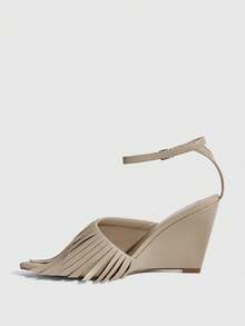 CUCCOO SZL Giày sandal cao gót đế xuồng thời trang thanh lịch dành cho nữ, có tua rua, thích hợp cho việc đi làm. - Màu be - Xem 5