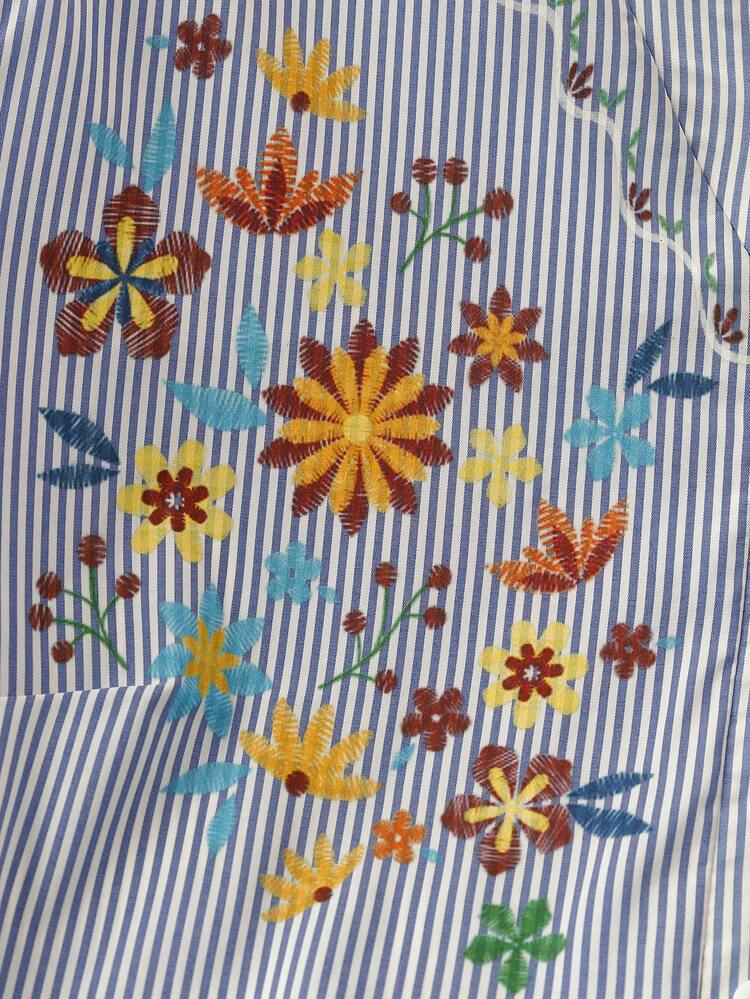 Plus Size Women's Early Spring Floral & Striped 3/4 Sleeve Shirt