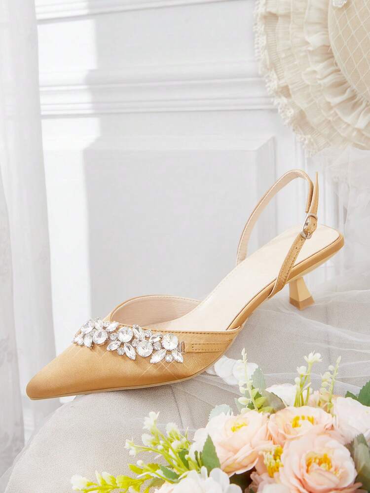 CUCCOO HITCHD Women's High Heel Pumps, Elegant & Luxurious Pointed Toe, Rhinestone Chain, Champagne Gold Satin, Suitable For Wedding Bride, Bridesmaid, Guest, Party