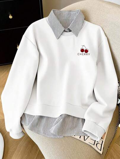 Resyla Plus Size Women 2 In 1 Cherry Print Casual Versatile Daily Wear Long Sleeve Sweatshirt