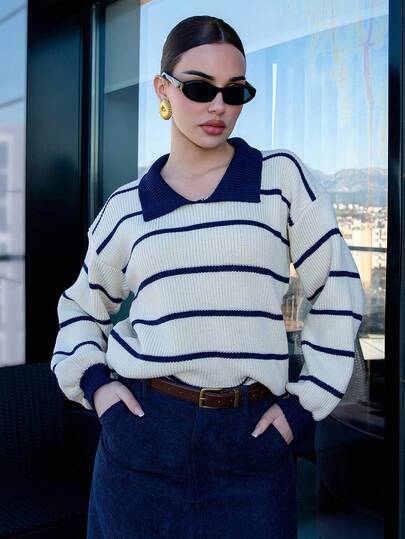 Bris Aura 女式拼色条纹高领针织毛衣，秋冬针织套头衫