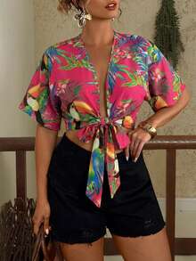 Levarali Plus Size Women Botanical Print Twist Short Sleeve Hawaiian Blouse, Summer, Boho, Beach, Holiday Cute Versatile Daily Wear Casual Top - Multicolor - View 5
