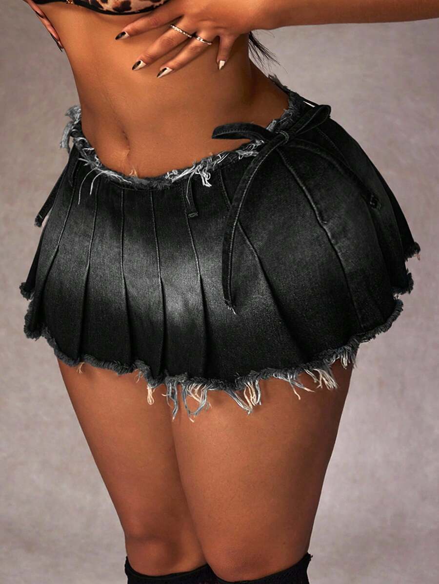 SHEIN ICON 女士时尚流苏褶皱牛仔迷你裙 - 黑色 - 查看 1