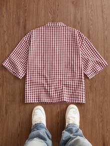 Manfinity Unisex Men's Casual Plaid Letter Embroidered Shirt, Summer - Red - View 3