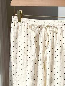 SHEIN EZwear 女款編織圓點圖案綁腰寬腿長褲 純棉 白色 夏季 度假款 - 白色 - 查看 6