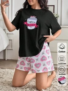SHEIN Cotton Plus 女士两件套咖啡色卡通图案睡衣T恤+爱心图案睡裤舒适睡衣家居服套装 - 黑色 - 查看 1
