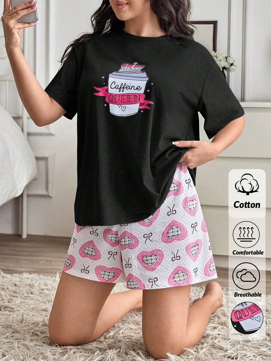 SHEIN Cotton Plus 女士两件套咖啡色卡通图案睡衣T恤+爱心图案睡裤舒适睡衣家居服套装 - 黑色 - 查看 1