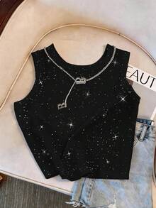 Resyla Áo camisole nữ dáng ôm, in họa tiết sequin và ánh kim lấp lánh. - màu đen - Xem 3