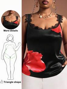 Truni 大码女士性感印花撞色蕾丝吊带背心，适合通勤、派对和约会。黑色上衣，沙滩度假必备，夏季缎面上衣，大码无袖夏季上衣，大码背心，曲线夏季上衣，玫瑰印花梭织吊带背心，蕾丝边饰上衣，大码曲线遮掩腹部赘肉，适合梨形和三角形身材。女士缎面上衣，无袖上衣，心形领口上衣，玫瑰印花上衣，女士吊带背心，黑色印花蕾丝边吊带背心，缎面吊带背心，女士背心。 - 彩色 - 查看 4