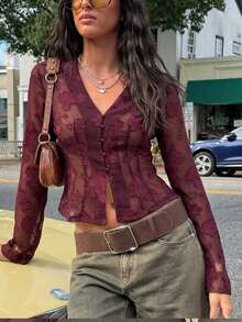 Aloruh Áo nữ tay chuông ren màu tím trơn lãng mạn và thanh lịch cho mùa xuân. - Màu tím - Xem 10