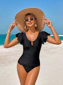 Swim Lushoire Solid Color U-Neck Steel Bra Top With Ruffle Trim High Waist Bikini Bottom 2 Pieces Swimwear - Black - View 4